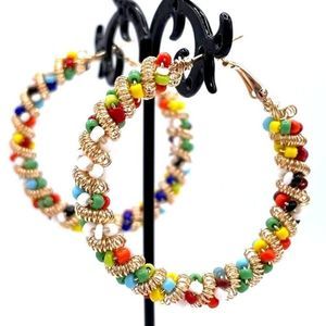 Yellow Gold Coiled Wire Wrapped Multicolor Beaded Open Hoop Hinged Post Earrings